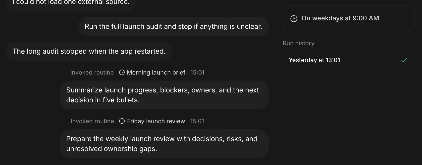 A routine in a thread. Two invoked routine markers sit above their instructions, and a side panel shows the schedule, on weekdays at 9:00 AM, with a successful run yesterday.
