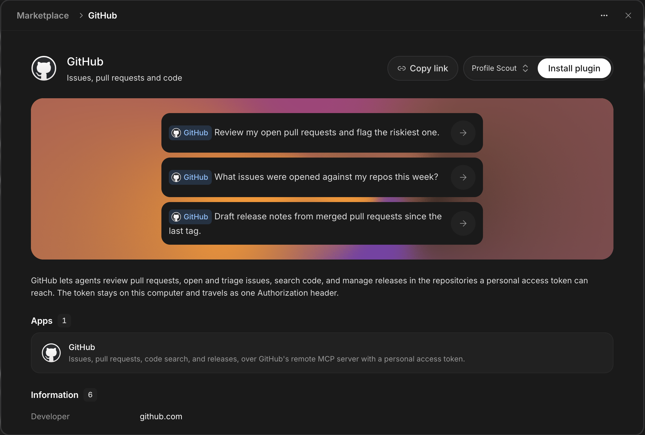 The GitHub plugin listing, with example requests, a selected agent, and the Install plugin button.