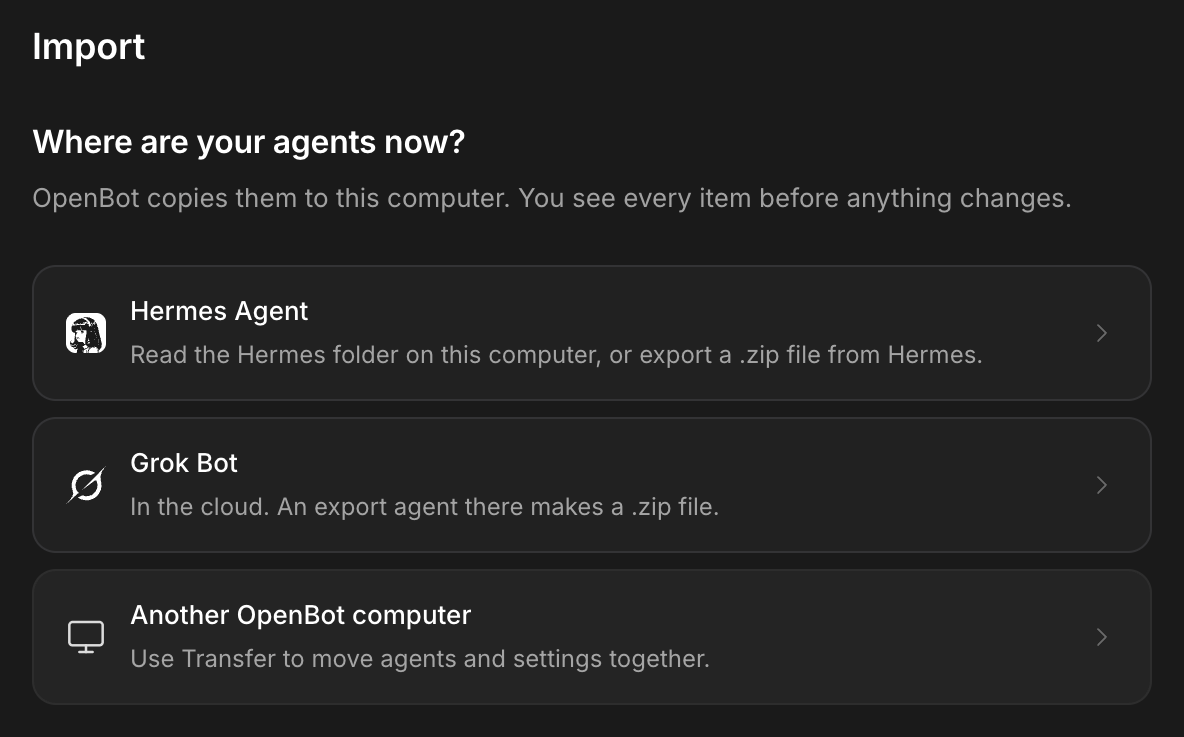 OpenBot Import settings showing Grok Bot as an import source.