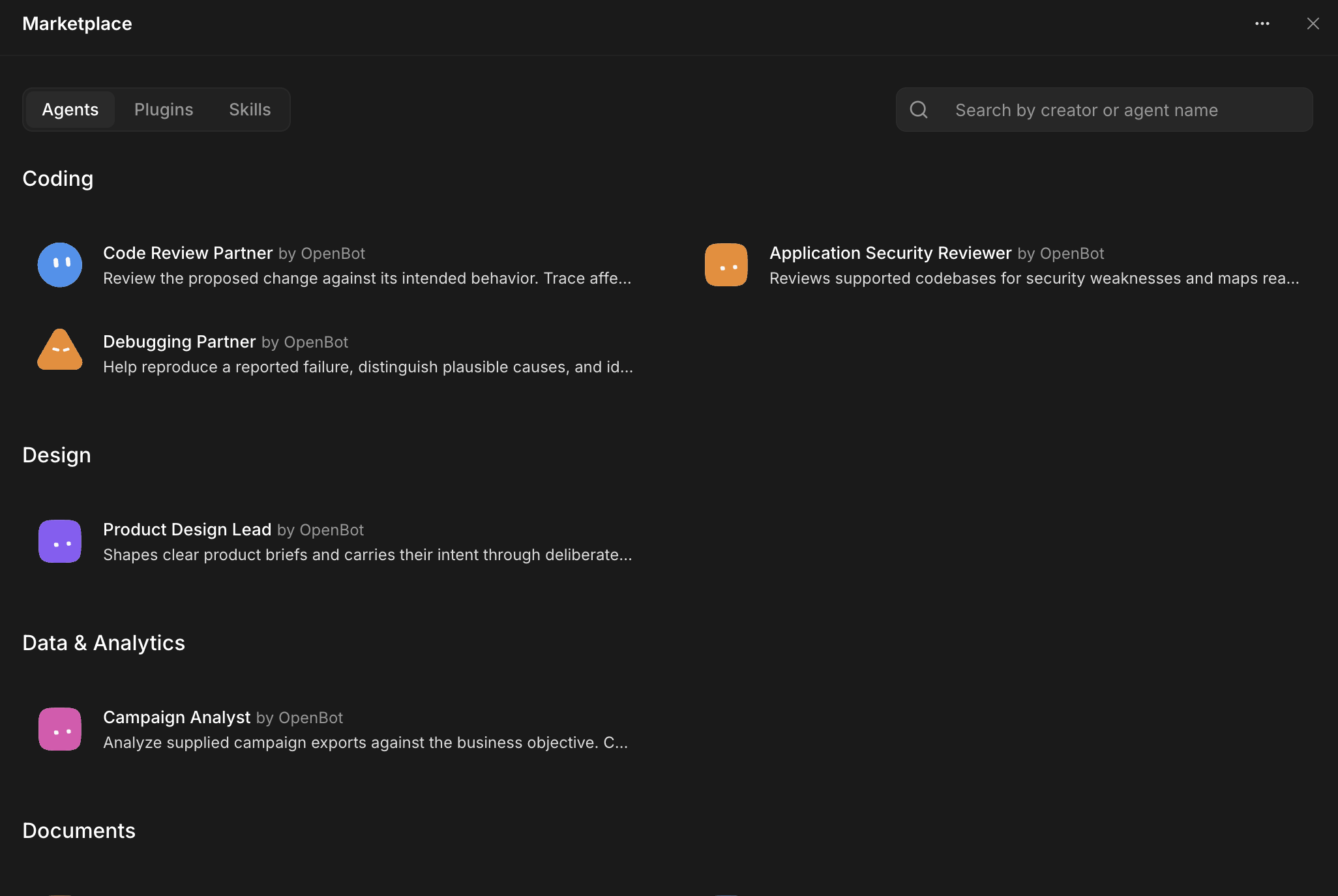 OpenBot Marketplace with the Agents tab selected and the Plugins and Skills tabs visible. Agent listings are grouped by category.