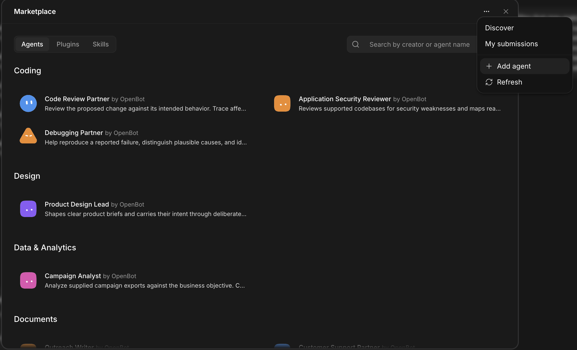 The Marketplace menu with Discover, My submissions, Add agent, and Refresh options.