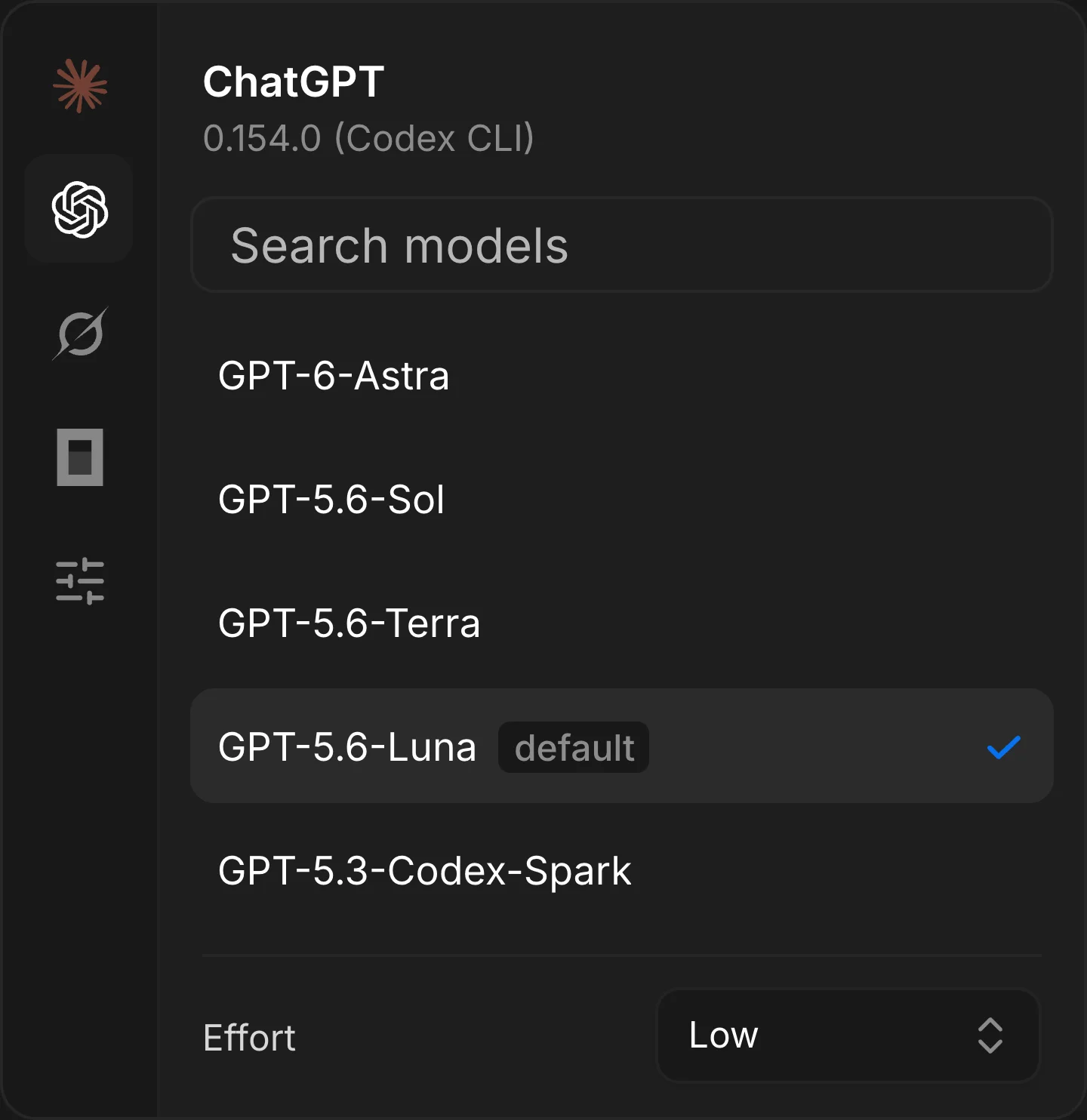 The model picker open on the ChatGPT tab, showing the installed Codex CLI version, a list of GPT models, and a reasoning effort control.