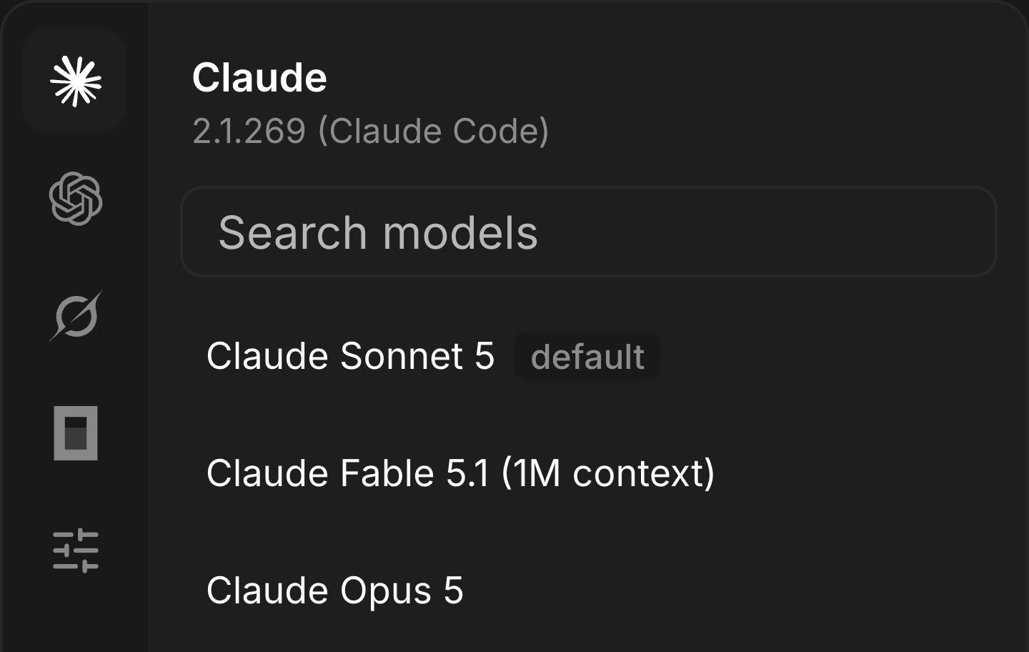 The provider tabs in the model picker, changing between Claude, ChatGPT, Grok and OpenCode, each with its command-line tool version.